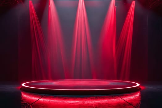A red stage with three lights shining on it. Generative AI