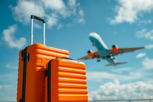 Two orange suitcases are sitting on the ground next to an airplane. The sky is blue with some clouds. Scene is that of travel and adventure. Generative AI
