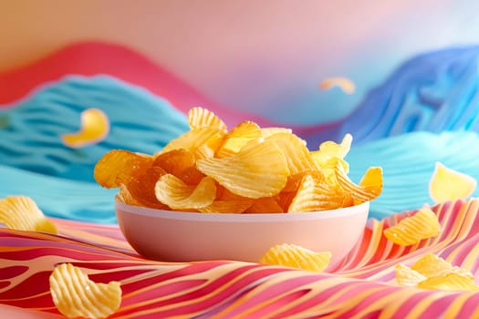 A bowl of chips is on a table with a colorful background. Generative AI