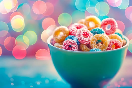 A bowl of colorful cereal with a blue bowl. The bowl is filled with a variety of different colored cereal pieces. Generative AI