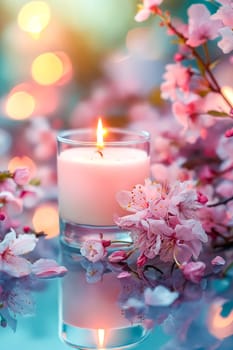 A candle is lit in a glass container next to a bunch of pink flowers. Concept of calm and relaxation, as the candle's warm glow and the delicate pink flowers create a serene atmosphere. Generative AI