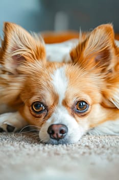 A small brown and white dog with brown eyes is laying on the floor. The dog's fur is fluffy and it is relaxed. Generative AI