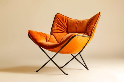 A large orange chair with a black frame sits on a white background. The chair is made of leather and has a unique design. The chair appears to be a statement piece. Generative AI