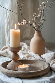 A candle is lit on a wooden tray next to a vase of flowers. Concept of warmth and relaxation, as the candle's soft glow and the flowers' delicate petals create a cozy atmosphere. Generative AI