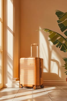 A tan suitcase sits on a tiled floor in front of a window. The sunlight casts a shadow on the suitcase, creating a warm and inviting atmosphere. Generative AI