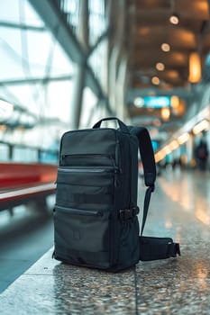 A black backpack is sitting on a bench in a train station. The backpack is large and has a lot of compartments, making it a good choice for carrying many items. Generative AI