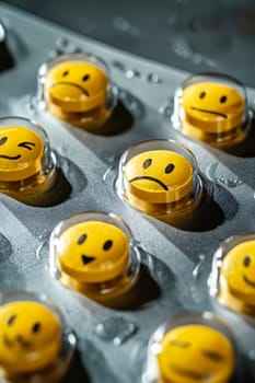 A group of yellow pills with frowning faces on them. The pills are in a plastic container. Generative AI