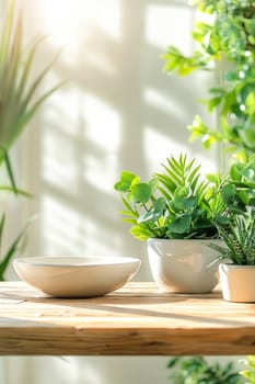 A table with three potted plants and a white bowl. The table is in a room with sunlight coming in from the window. Generative AI