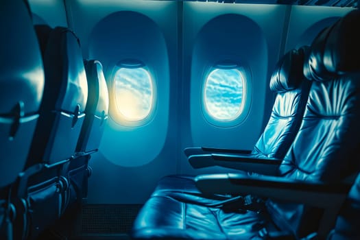 The inside of an airplane with blue seats and a blue sky outside. Generative AI