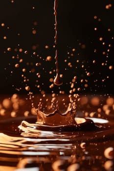 A chocolate splash is falling from the sky. The image has a moody and dramatic feel, as the chocolate droplets seem to be falling from a great height. Generative AI