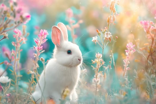 A white rabbit is standing in a field of flowers. The rabbit is looking at the camera with a curious expression. The scene is peaceful and serene, with the rabbit being the main focus of the image. Generative AI