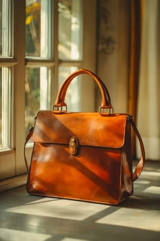 A brown leather purse sits on a table in front of a window. The purse is open and the strap is hanging down. The sunlight is shining on the purse, making it look warm and inviting. Generative AI