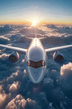 A large white airplane is flying through a cloudy sky. The sun is shining brightly, casting a warm glow on the plane. Concept of freedom and adventure, as the airplane soars through the sky. Generative AI