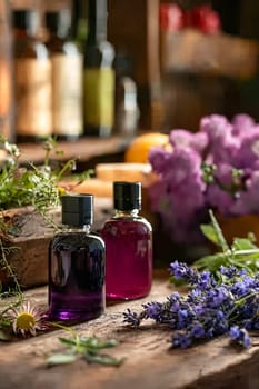 Two bottles of perfume are on a wooden table next to some flowers. The bottles are purple and one is larger than the other. The scene gives off a sense of relaxation and calmness. Generative AI