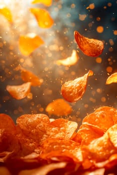 A pile of potato chips is flying through the air. The chips are orange and scattered in different directions. The scene is chaotic and energetic, with the chips seemingly in motion. Generative AI