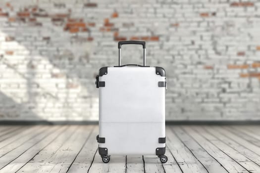 A white suitcase sits on a wooden floor in front of a brick wall. The suitcase is open and ready to be packed. Concept of travel and adventure, as the suitcase is a symbol of the journey ahead. Generative AI