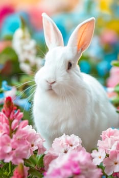 A white rabbit is standing in a field of pink flowers. The rabbit is looking at the camera with a curious expression. The scene is peaceful and serene. Generative AI