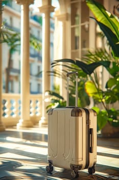 A white suitcase is sitting on a marble floor in front of a building. The suitcase is open and the handle is visible. The scene is peaceful and serene, with the sunlight shining on the suitcase. Generative AI