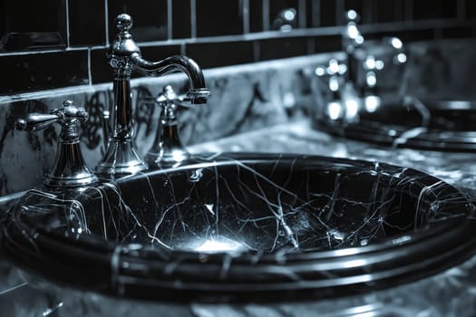 A black marble sink with a silver faucet. The sink is in a bathroom with a black tile wall. Generative AI