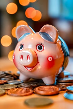 A piggy bank with coins on top of it. The piggy bank is smiling and has a happy expression. Generative AI