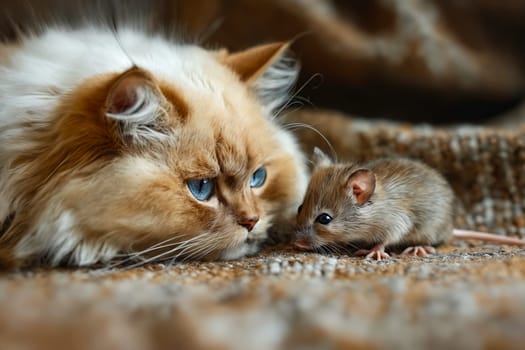 A cat and a mouse are laying on a carpet. The cat is looking at the mouse with a look of curiosity. Generative AI
