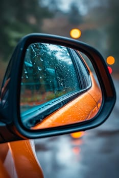 A car's rear view mirror is fogged up with raindrops. The reflection of the car is blurry and distorted, making it difficult to see the road ahead. Concept of uncertainty and caution. Generative AI