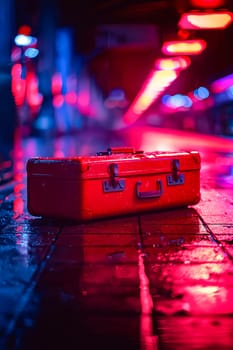 A red suitcase is sitting on a wet sidewalk. The scene is set in a city at night, with bright lights and a blurry background. The suitcase is the main focus of the image. Generative AI