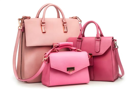 Three pink purses are displayed in a row. The purses are of different sizes and styles, but they all have a similar color and design. Concept of elegance and sophistication. Generative AI