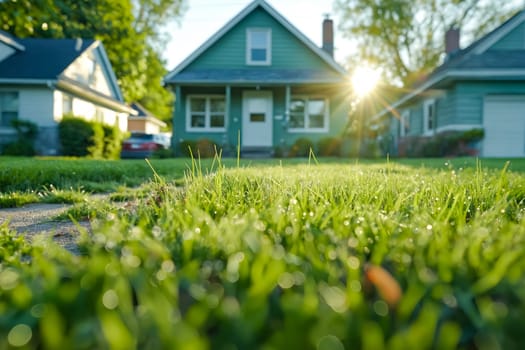 A house with a green roof and a green lawn. Generative AI