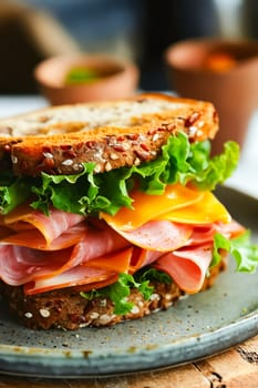 A sandwich with ham, cheese, and lettuce is piled on a plate. The sandwich is topped with a generous amount of lettuce, making it look fresh and healthy. The plate is placed on a wooden table. Generative AI