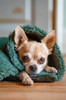 A small dog is curled up in a green blanket on a wooden floor. The dog appears to be tired and relaxed, and the blanket provides a cozy and comfortable spot for it to rest. Generative AI