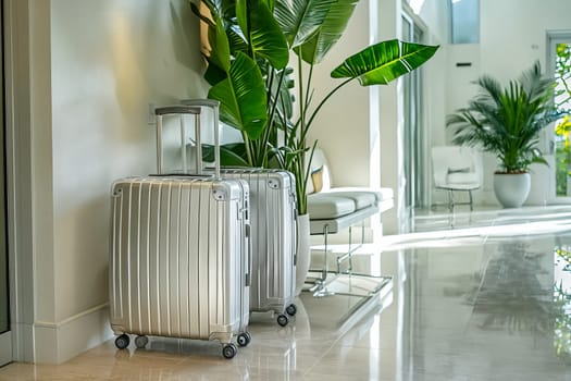 Two suitcases are sitting on a white floor in a room with a large potted plant in the background. Generative AI