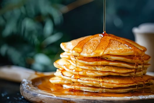 A stack of pancakes with syrup dripping from them. The pancakes are piled high and look delicious. Concept of indulgence and satisfaction, as if someone is about to enjoy a hearty breakfast. Generative AI