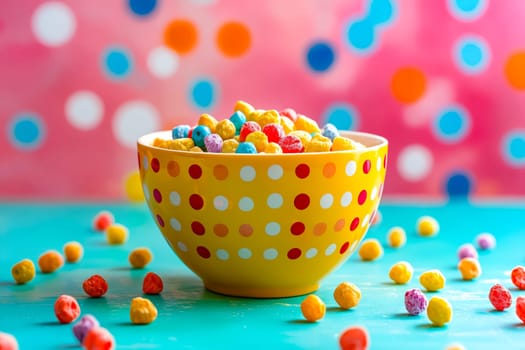 A bowl of colorful cereal with a blue background. The bowl is yellow and has a polka dot design. The cereal is scattered all over the table, creating a fun and playful atmosphere. Generative AI