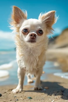 A small white dog is standing on the beach, looking at the camera. The dog's fur is fluffy and white, and it is enjoying the beach environment. Generative AI