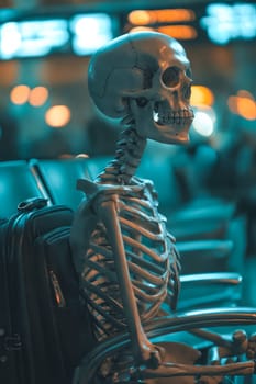 A skeleton is sitting in a chair next to a suitcase. The skeleton is wearing a backpack and he is waiting for someone. The scene has a creepy and eerie mood. Generative AI
