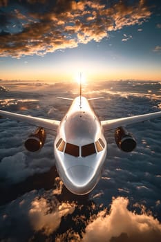 A white airplane is flying through the sky with a sun in the background. Concept of freedom and adventure, as the airplane soars through the clouds towards the horizon. Generative AI