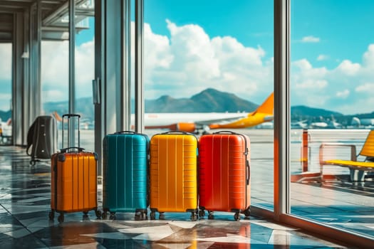 A group of colorful suitcases are sitting in front of a window at an airport. The bright colors of the suitcases contrast with the blue sky outside, creating a cheerful and lively atmosphere. Generative AI
