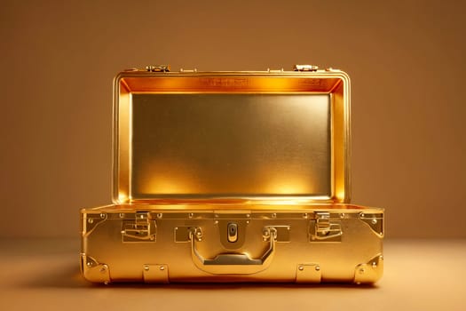 A gold suitcase is open and empty. The gold color of the suitcase and the empty interior give the impression of luxury and wealth. Generative AI