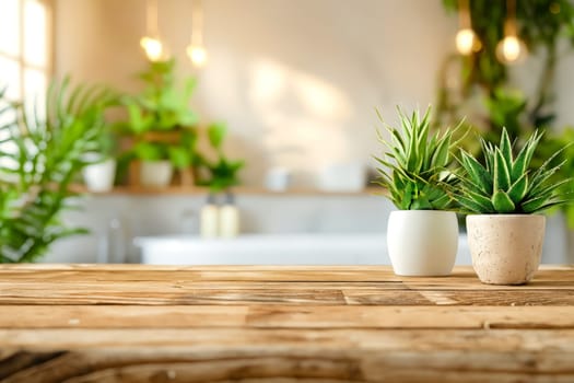 A wooden table with two potted plants on it. The scene is bright and lively, with the plants adding a touch of nature to the space. Generative AI
