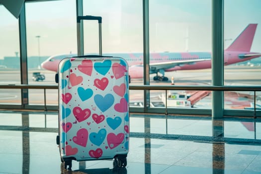 A pink suitcase with hearts on it sits in front of an airplane. The suitcase is open and ready to be loaded onto the plane. Concept of excitement and anticipation for a journey. Generative AI