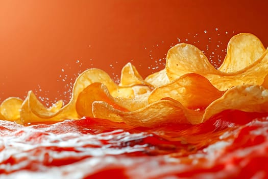 A close up of a pile of potato chips in a red background. The chips are in different shapes and sizes, and they are scattered across the image. The red background gives the scene a warm. Generative AI