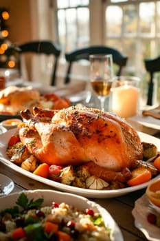 A large turkey is on a white plate in front of a table with other dishes and glasses. The table setting is elegant and festive, with a candle and wine glasses. Scene is warm and inviting. Generative AI