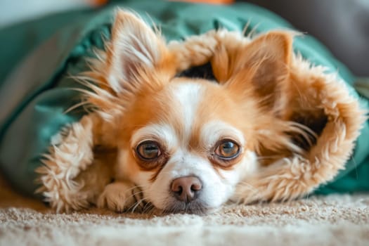 A small dog is laying in a blanket, looking at the camera. The dog appears to be relaxed and comfortable in its cozy spot. Generative AI