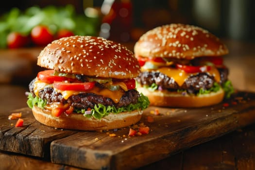 Two hamburgers with lettuce and tomatoes on top of a wooden table. The hamburgers are placed next to each other and are ready to be eaten. Generative AI