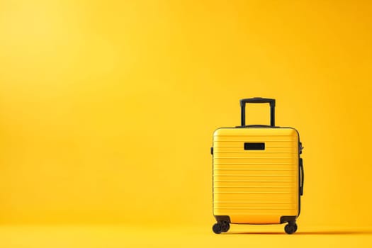 A yellow suitcase is sitting on a yellow background. The suitcase is open and ready to be packed. Generative AI