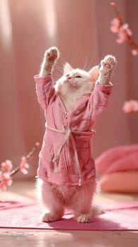 A white cat in a pink robe is standing on a pink mat. Generative AI