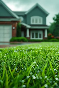 A house with a green roof and a white trim. The house is surrounded by a lush green lawn. Generative AI