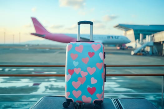 A blue suitcase with hearts on it sits on a bench next to an airplane. The suitcase is open and ready to be loaded onto the plane. Concept of excitement and anticipation for a journey. Generative AI