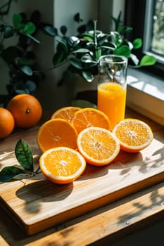 A glass of orange juice sits next to a cutting board with several oranges on it. Generative AI